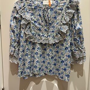 Loeffler Randall Blue Floral Ruffle Blouse